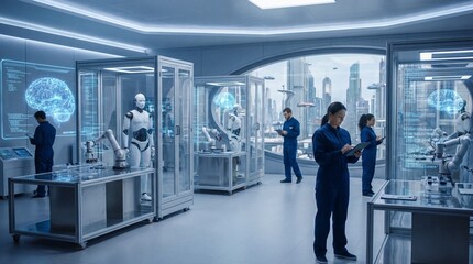 Fototapeta premium Scientists and robotics engineers examine advanced artificial intelligence technology within a futuristic laboratory setting.