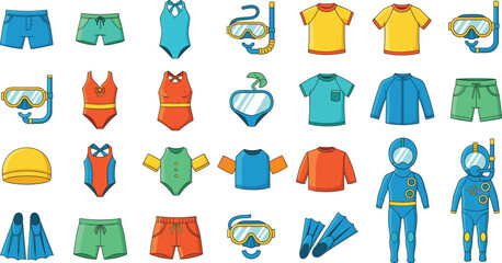 Set of kids swimwear and snorkeling equipment illustrations including swimsuits, masks, fins, rash guards, and accessories, colorful cartoon vector icons © MstGulzan