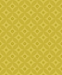 Elegant seamless geometric floral pattern in warm yellow and gold tones. Repeating abstract circular flower motif inspired by Asian and oriental design style. Perfect for textile printing