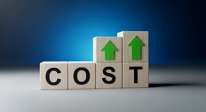 A rising stack of wooden blocks spelling out the word 'cost' with green upward arrows, symbolizing increasing expenses and inflation.