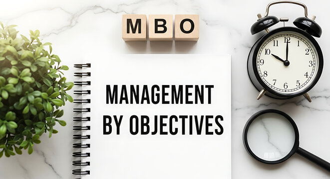 A flat lay image showing the management by objectives concept with mbo blocks and business tools