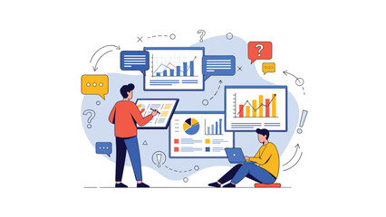 Diverse team of professionals analyzing business data and financial charts on multiple screens for strategic planning and growth.