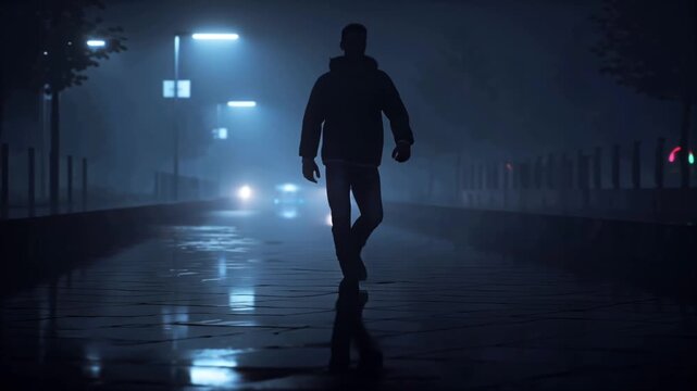 4K cinematic video, man walking alone foggy urban street at night, invisible smoky shadow hands clinging body, dragging down, wet pavement neon reflections distorting broken mirrors, surreal anxiety 