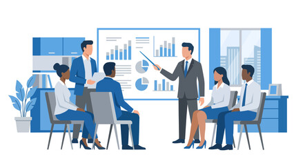 Corporate business team meeting with manager presenting financial strategy on whiteboard, flat vector illustration of employees in office training