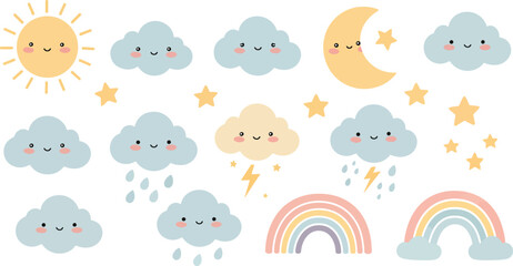 Obraz premium Whimsical weather icons with smiling clouds sun moon and rainbows in pastel colors for kids