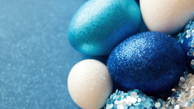 Colorful eggs are arranged on a blue surface with sparkles during a festive time