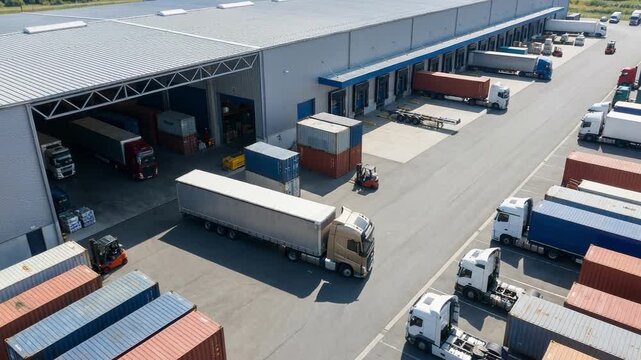 Overhead shot of a white cargo truck in a vast, empty industrial warehouse, showcasing efficient freight logistics. Emphasizes distribution and storage with clean floors and organized loading bays.