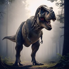 Fototapeta premium Tyrannosaurus Rex in Prehistoric Forest, Ultra Realistic Dinosaur