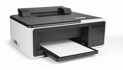 Modern black-and-white printer with extended paper tray and loaded sheet, sleek design, control panel and scanner bed visible, placed on flat surface in clean setting.