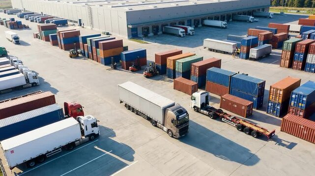 Overhead shot of a white cargo truck in a vast, empty industrial warehouse, showcasing efficient freight logistics. Emphasizes distribution and storage with clean floors and organized loading bays.