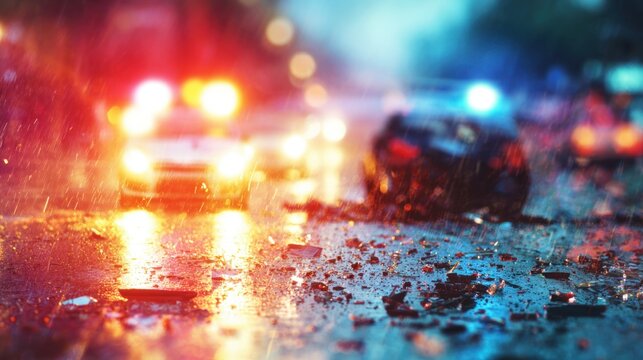 Emergency response to a car accident on a rainy street at night