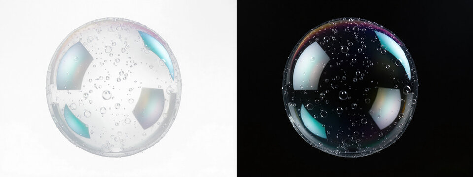 Transparent soap bubbles on contrasting backgrounds showcasing reflections and light cutout on alpha channel