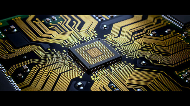 Advanced printed circuit board with glowing gold traces converging on a central processor. A concept for AI, high-speed data, and enterprise technology infrastructure.