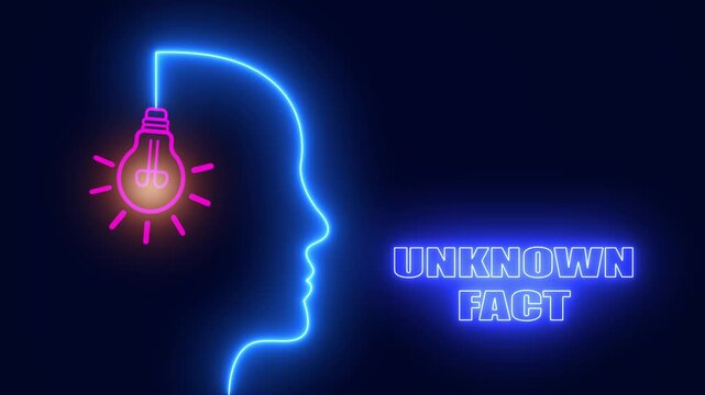 Neon human head outline with glowing light bulb for unknown fact content and mysterious research based educational videos