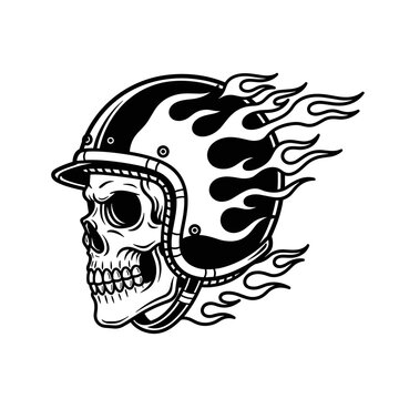 Skull Wearing Helmet with Flames Illustration.