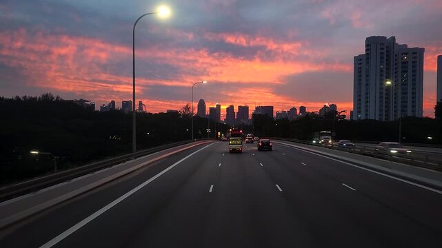 Beautiful twilight hour in Singapore. 4K video resolutions. Bus moving at East Coast Park Expressway in Singapore.
