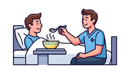 Male Nurse Feeding Bedridden Patient &ndash; Detailed Spoon and Bowl, Warm Light, Health Care Support, Nursing Vector Illustration