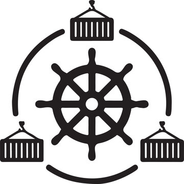A ship's wheel (helm) surrounded by shipping containers in a circular arrangement.