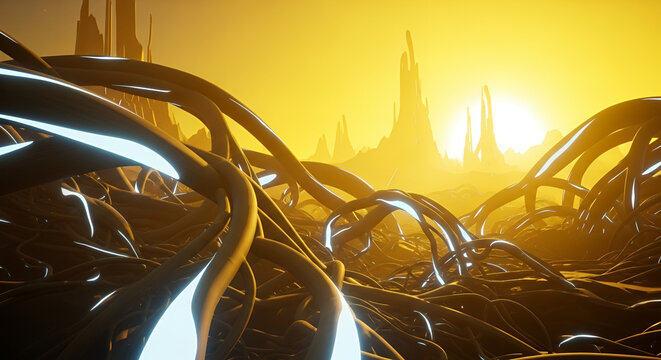 Intricate alien landscape with glowing tendrils under a golden sunset in a surreal environment