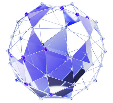 Wireframe polygonal 3d sphere of lines and dots. Futuristic geometric globe shape of purple crystal diamonds and glass holographic triangles. Mesh orb, isolated graphic design element