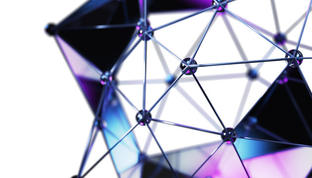Neon glass dots and connected metal lines on black 3d background. Abstract wireframe sphere of geometric triangle shapes, crystal beads. Polygon mesh with bright blue purple gradient