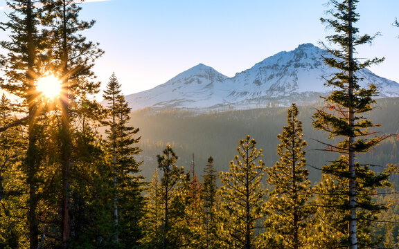 Sunset over the Three Sisters Mountains in the Cascades in Central Oregon