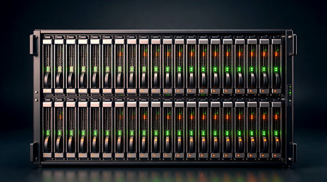 Enterprise blade server chassis front view, a powerful symbol of data center infrastructure, high-performance computing, and AI cloud technology.