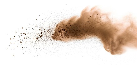 Fototapeta premium Brown powder explosion with particles dispersing in the air, captured from a close-up viewpoint