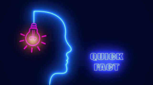 Quick fact neon concept with a human head profile and glowing bulb for fast learning shorts and trivia reels