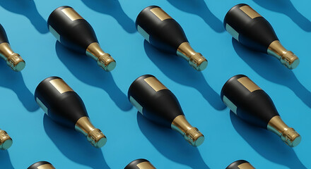 black champagne bottles golden tops diagonally arranged on vibrant blue casting sharp shadows perfect for luxury celebratory beverage advertising.