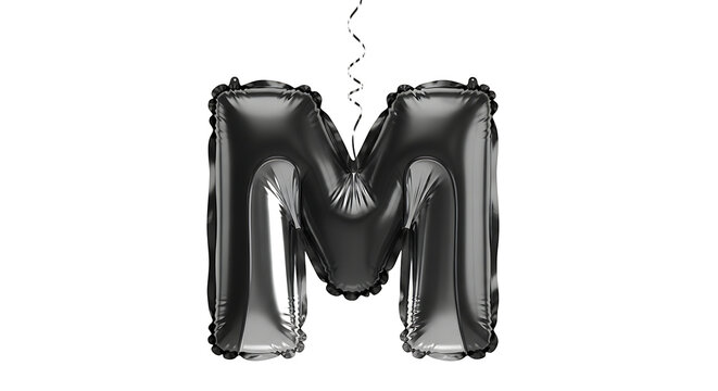 black letter m balloon metallic foil floating on white perfect for party celebration and elegant initial typography.