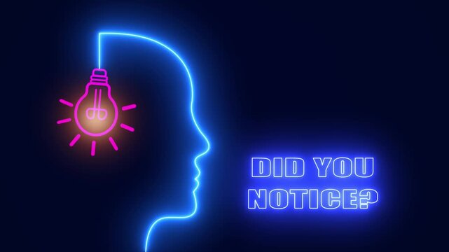 Neon head silhouette with glowing bulb for did you notice content and observational learning visuals for art and design