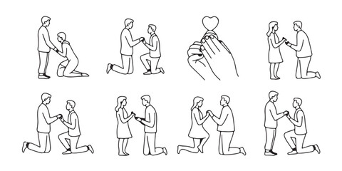 Line art collection of diverse couples proposing featuring same-sex and heterosexual partners kneeling outline drawings of romantic engagement moments with a heart-shaped diamond ring
