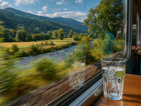 a train window with a view of a scenic landscape, including a river, trees, and a blue sky with clouds. Inside the train, there is a wooden table with a cup of coffee and a saucer, and blue seats with