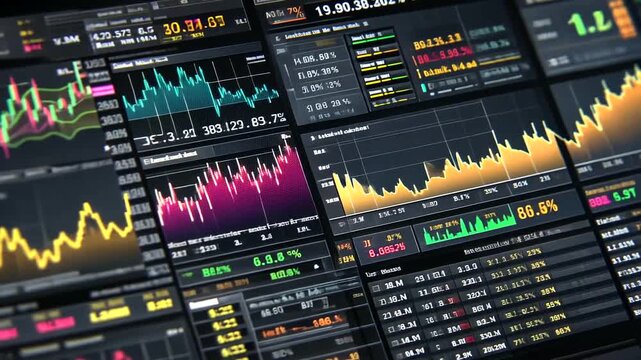 Dynamic stock market data representations showing fluctuating financial charts and analytics
