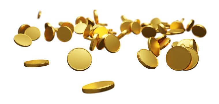 Gold coin falling down isolated on transparent background 3D render