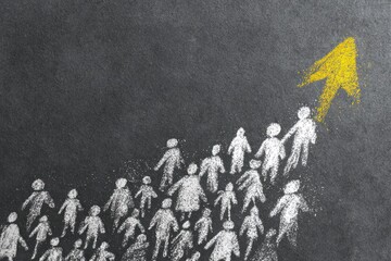 Crowd of figures illustrated as a team, following a yellow upward-pointing arrow on a dark, textured background