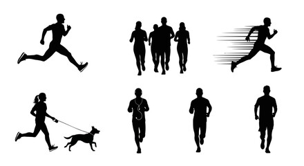 Fototapeta premium Dynamic collection of runner silhouettes featuring a male athlete in mid-stride, diverse groups jogging, and a fast-paced runner with speed lines, illustrating various forms of physical activity