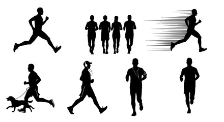 Running silhouettes collection featuring male athletes in various poses including groups and sprinting figures alongside man jogging with dog plus runners with headphones for active lifestyle themes