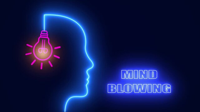 Mind blowing neon head with glowing bulb for shocking discoveries and amazing science facts in viral documentaries