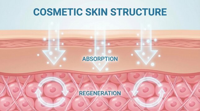 Cosmetic skin structure absorption regeneration light penetration epidermis dermis healthy beauty medical illustration diagram