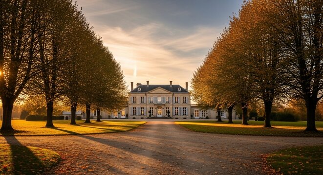 Estate home with tree lined driveway at sunset