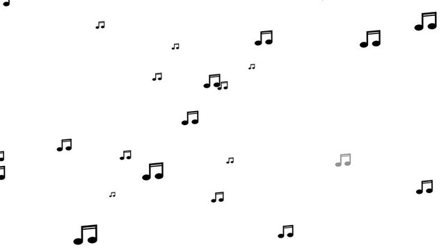 Black musical notes floating animation on white background. Animated black music symbols rising upwards for video overlay.