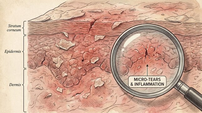 Cross section illustration of human skin showing stratum corneum, epidermis, and dermis layers with micro tears and inflammation highlighted under magnification, depicting irritation and damage