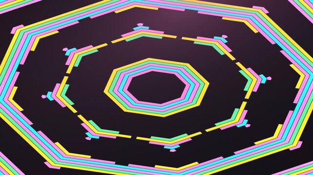 A vibrant, symmetrical abstract pattern featuring concentric octagons with colorful layered lines on a dark background, creating a digital geometric design.