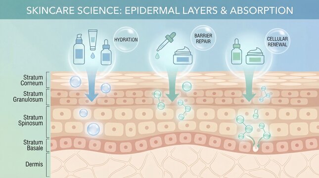 Epidermal layers hydration barrier repair and cellular renewal are illustrated with skincare absorption through stratum corneum stratum granulosum stratum spinosum stratum basale and dermis