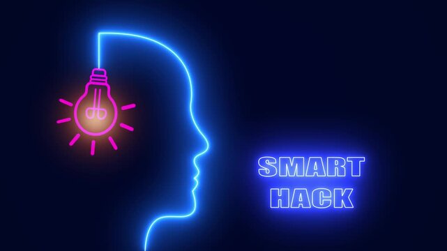 Smart hack neon head with glowing bulb for clever lifestyle solutions and intelligent problem solving in daily life reels