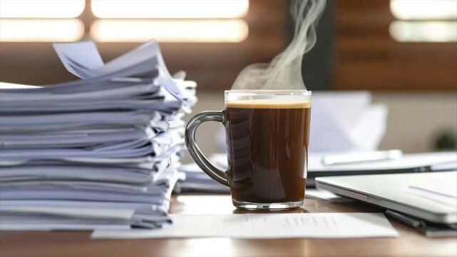 A steaming coffee cup next to a large paper stack, on a desk, near a laptop