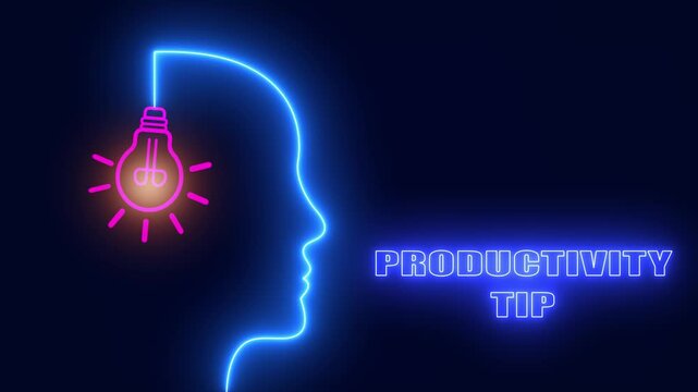 Productivity tip neon head with glowing bulb for time management hacks and efficient workflow segments for business apps