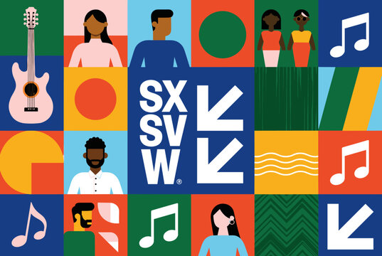 Colorful grid collage representing SXSW festival with diverse people, music, and abstract patterns.